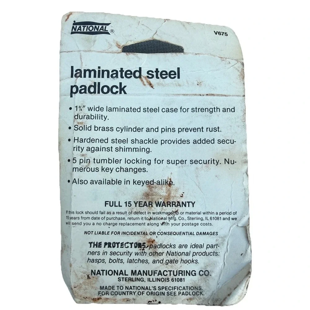 National padlock NIP unused V675 5 Pin Tumbler Vintage Laminated Steel